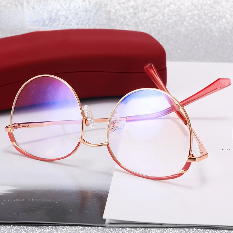 

91230 Trendy New Fashion round Frame Women's Plain Face Small Decorative Mirror Hot Sale Metal Glasses