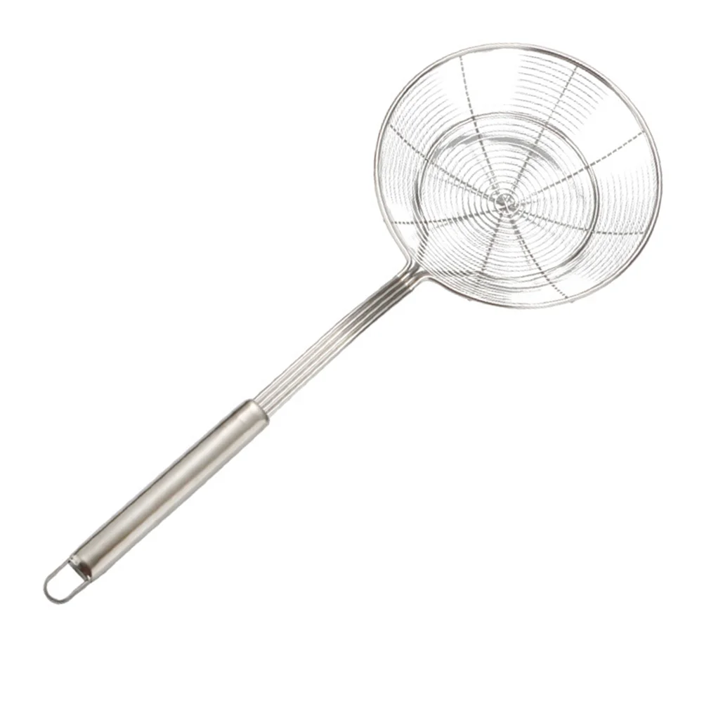 

Kitchen Stainless Steel Spider Strainer Wire Skimmer Round Fry Basket with Handle Fried Table Serving Chip Baskets Fryer