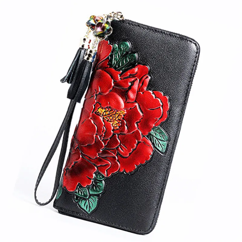 2023 New Genuine Leather Wallet Women Large Capacity Ladies Leather Purse Floral Pattern Female Clutch Phone Bag