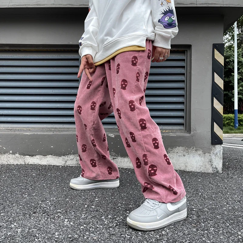 

Hip Hop Preppy Skull Full Print Drawstring Casual Corduroy Men Baggy Pants Hip Hop Straight Sweatpants Male Loose Trousers