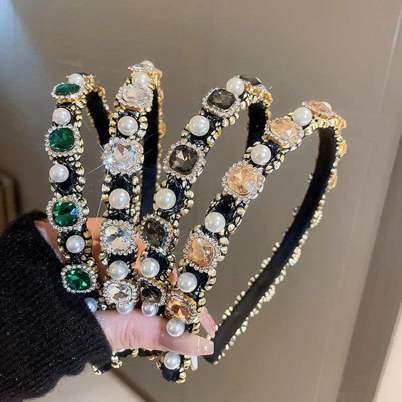 

Baroque Crystals-Inlaid Pearls Headband Rhinestone Head Hoop Non-slip Thin Hair Hoop Beaded Headwear Hair Accessories Fashion