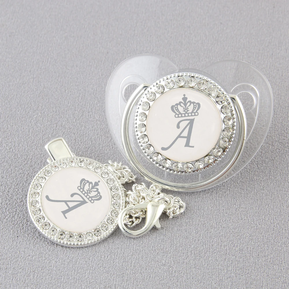 

Luxury Silver Crown 26 Name Initial Letter Transparent Baby Pacifier Chain Clip Newborn Infant Soother Orthodontic Baby Pacifier