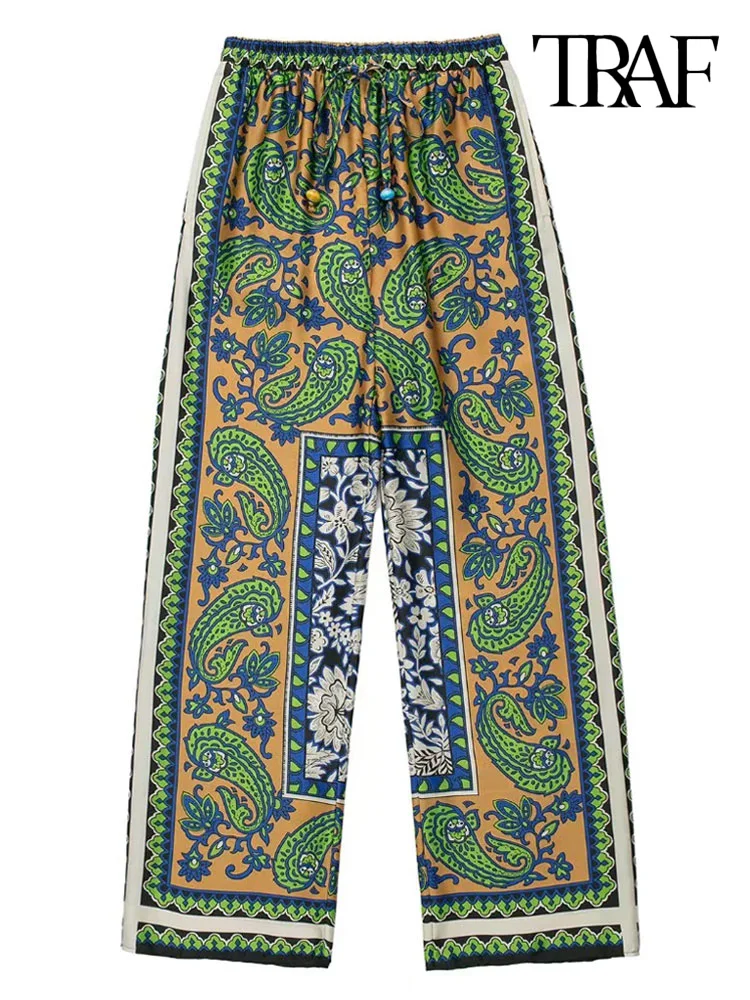 

TRAF Women Fashion Side Pockets Totem Print Wide Leg Pants Vintage High Elastic Waist With Drawstring Female Trousers Mujer