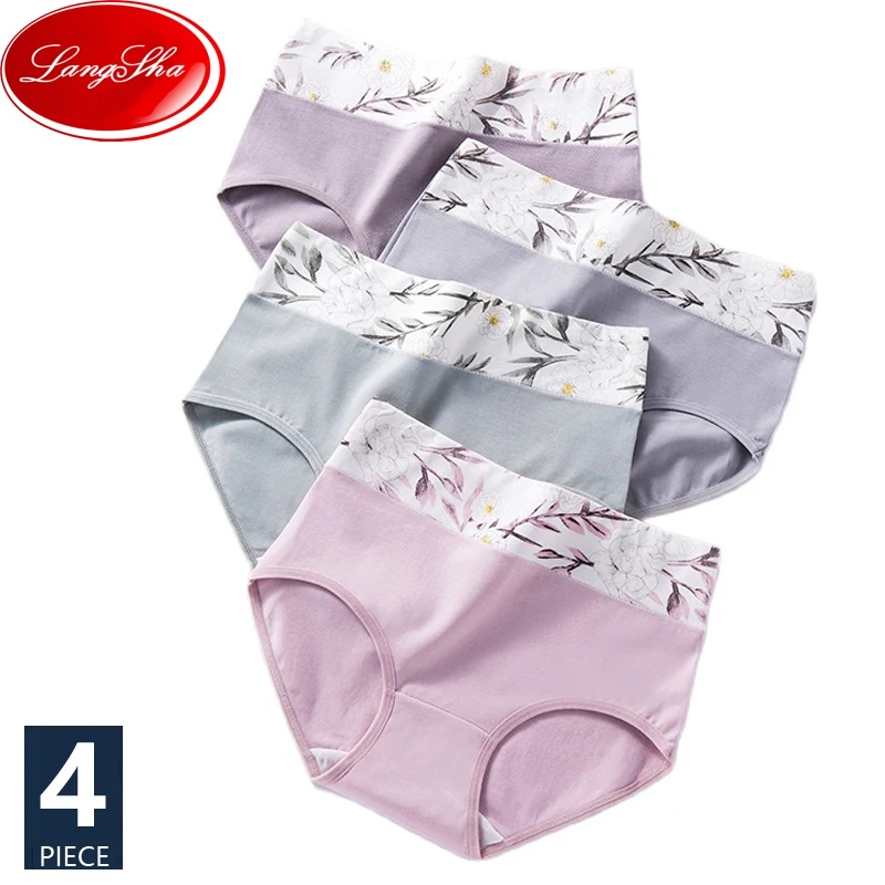 

LANGSHA 4Pcs/Set High Waist Women's Panties Breathable Cotton Underwear Lovely Print Seamless Briefs Sexy Girls Soft Underpants