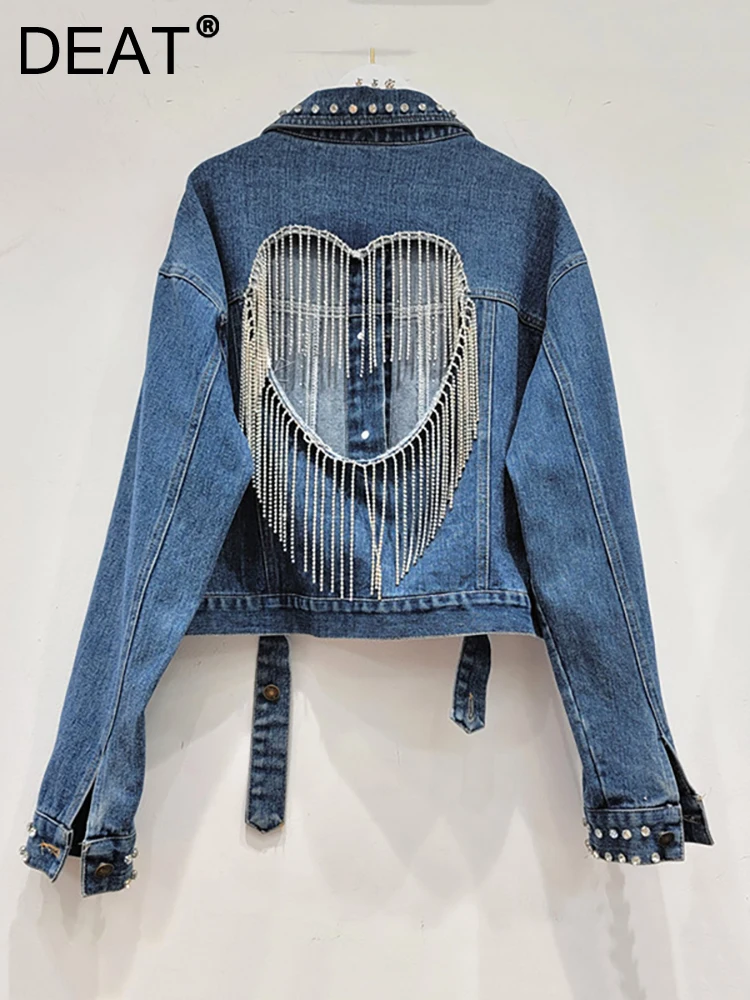 

DEAT Women's Denim Coat Heart Hollow Out Tassel Chains Embroidered Flares Diamonds Loose Jackets 2023 Autumn New Fashion 29L3007