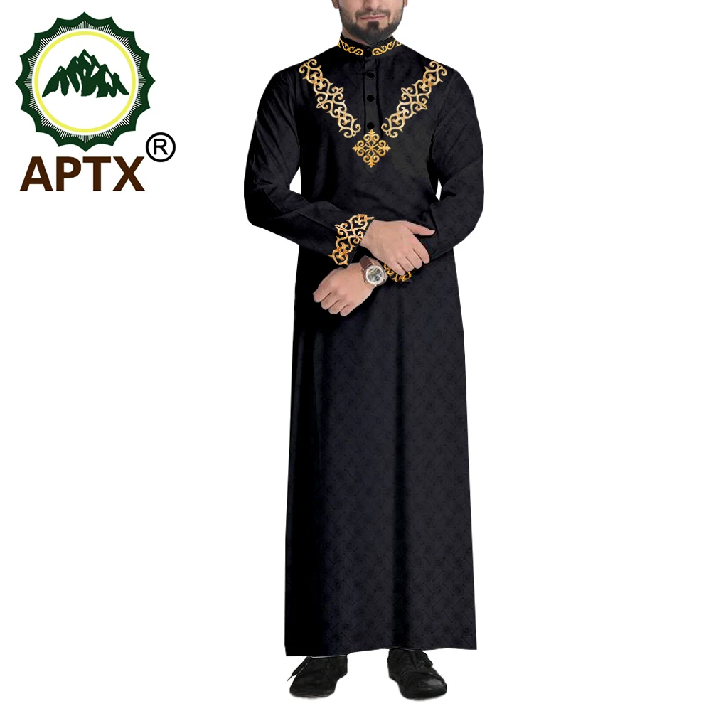 APTX Jacquard Mens Jubba Thobe Muslim Robe Long Sleeve Saudi Arab Thobe Jubba Man Kaftan Middle East Islamic Clothing T2014008