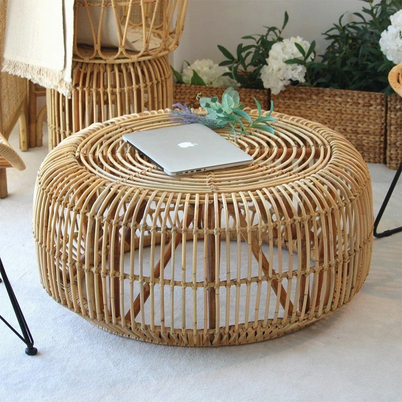 

INS True Vine Round Tea Table Children's Low Bench Indoor Balcony Vine Weaving Living Room Japanese Small Side Table South Korea