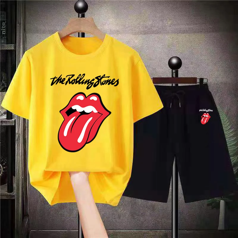 Amazing Tees Men's T-shirt+Shorts Plus Size Retro Rolling Stones Essential T-shirt Men's T-shirt Pattern Set S-4XL