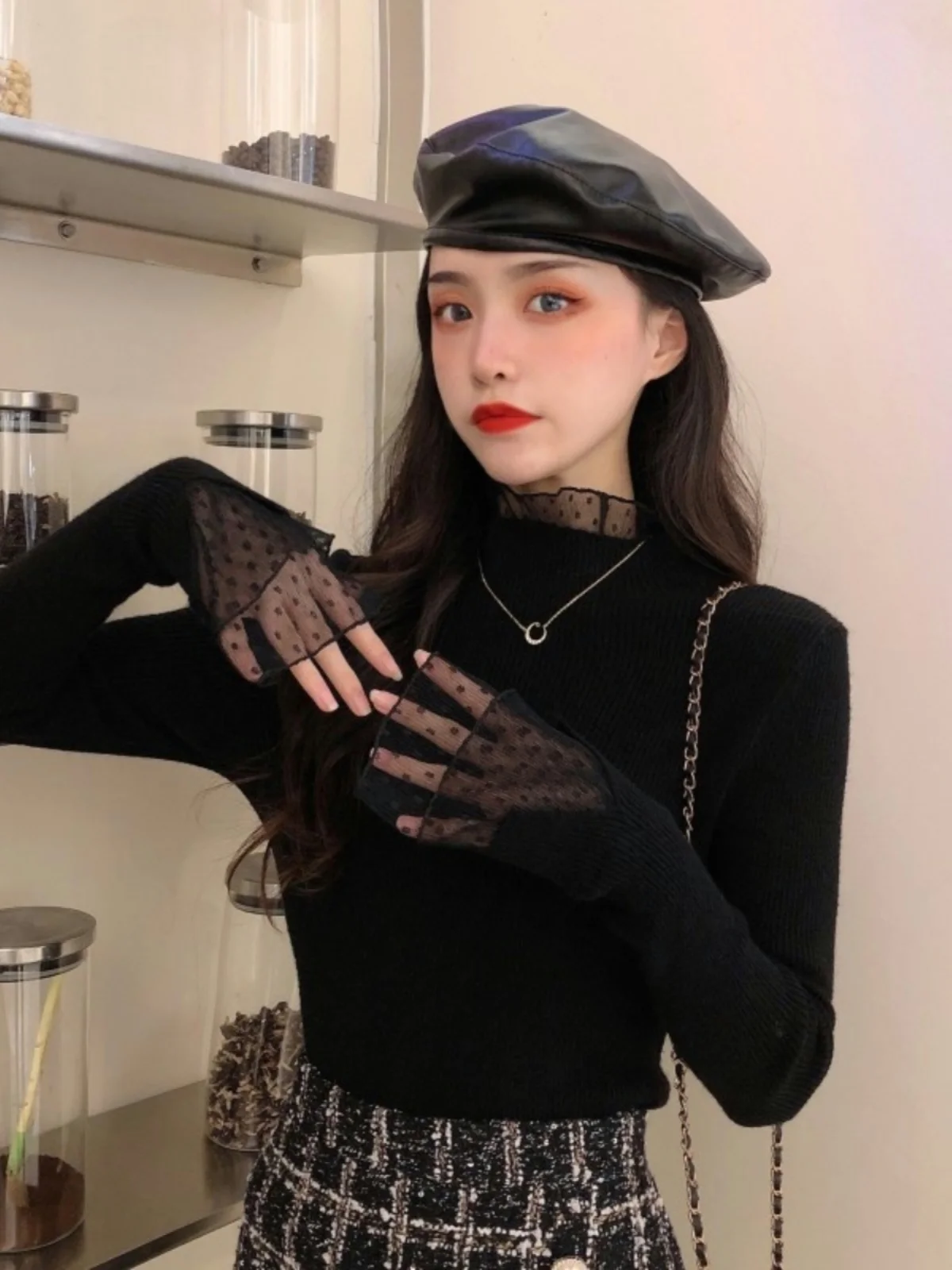 Вязаный кружевной свитер с полувысоким воротником облегающий дизайн Sense Chic Advanced