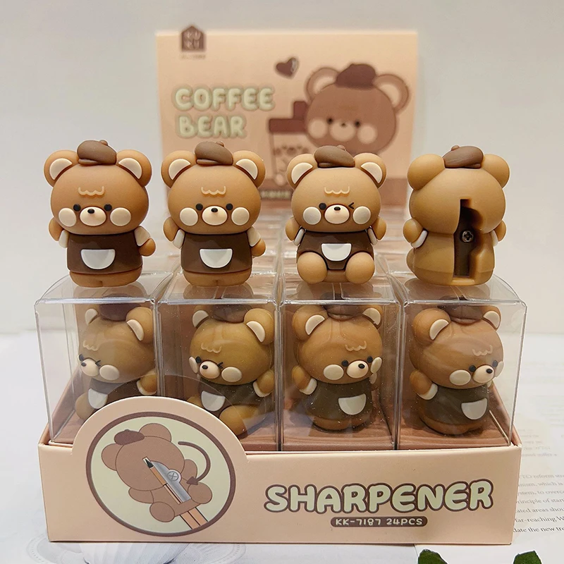

Creative Coffee Bear Shaped Pencil Sharpener Cute Bear Doll Stationery Silicone Manual Pencil Cutter School Office Supplies