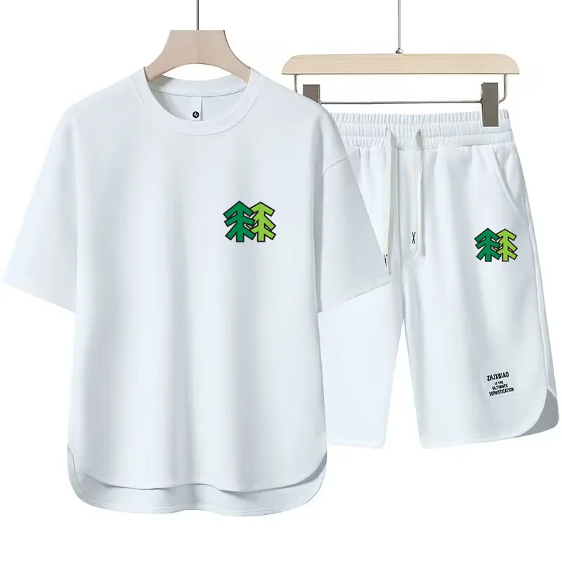 Summer New Men's 2-Piece T-shirt +Shorts Set Fashion Ventilate Printing Loose Harajuku Style Street Apparel Casual Golf Sportswe