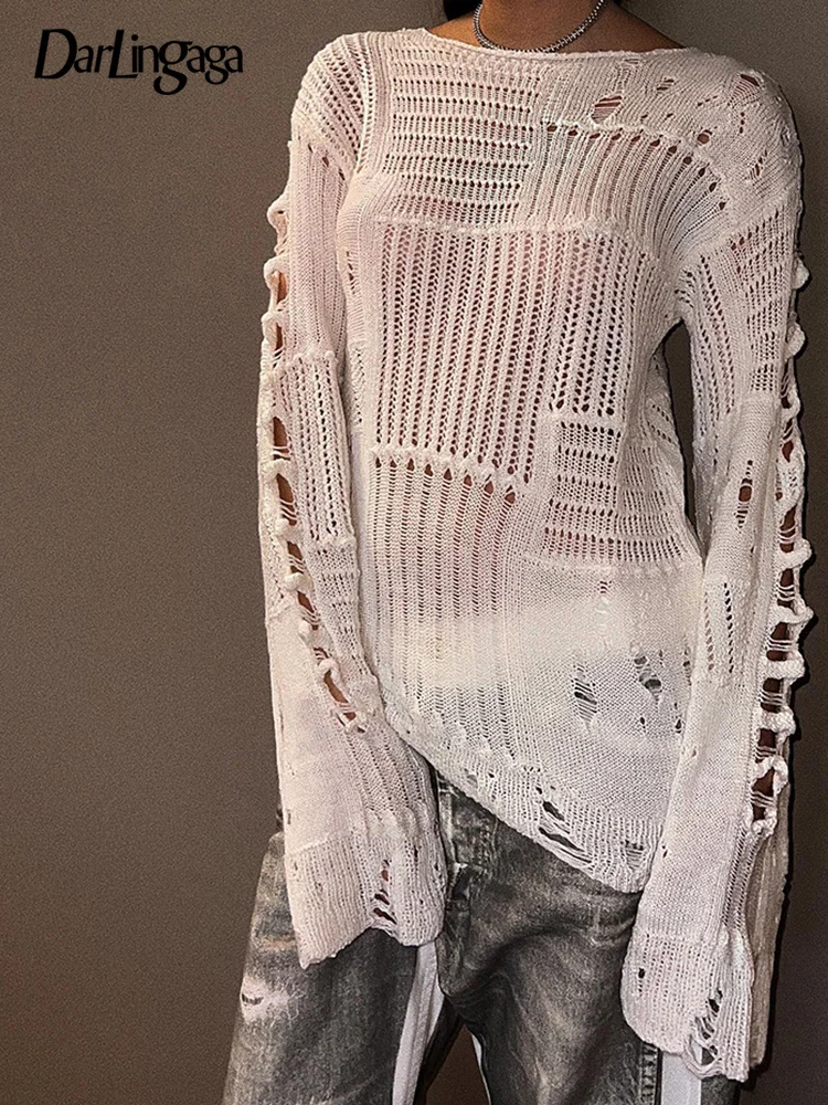 

Darlingaga Vintage White Ripped Hole Grunge Sweater Women Casual Loose Jumper Solid Long Pullovers Knitted Hollow Out Holidays