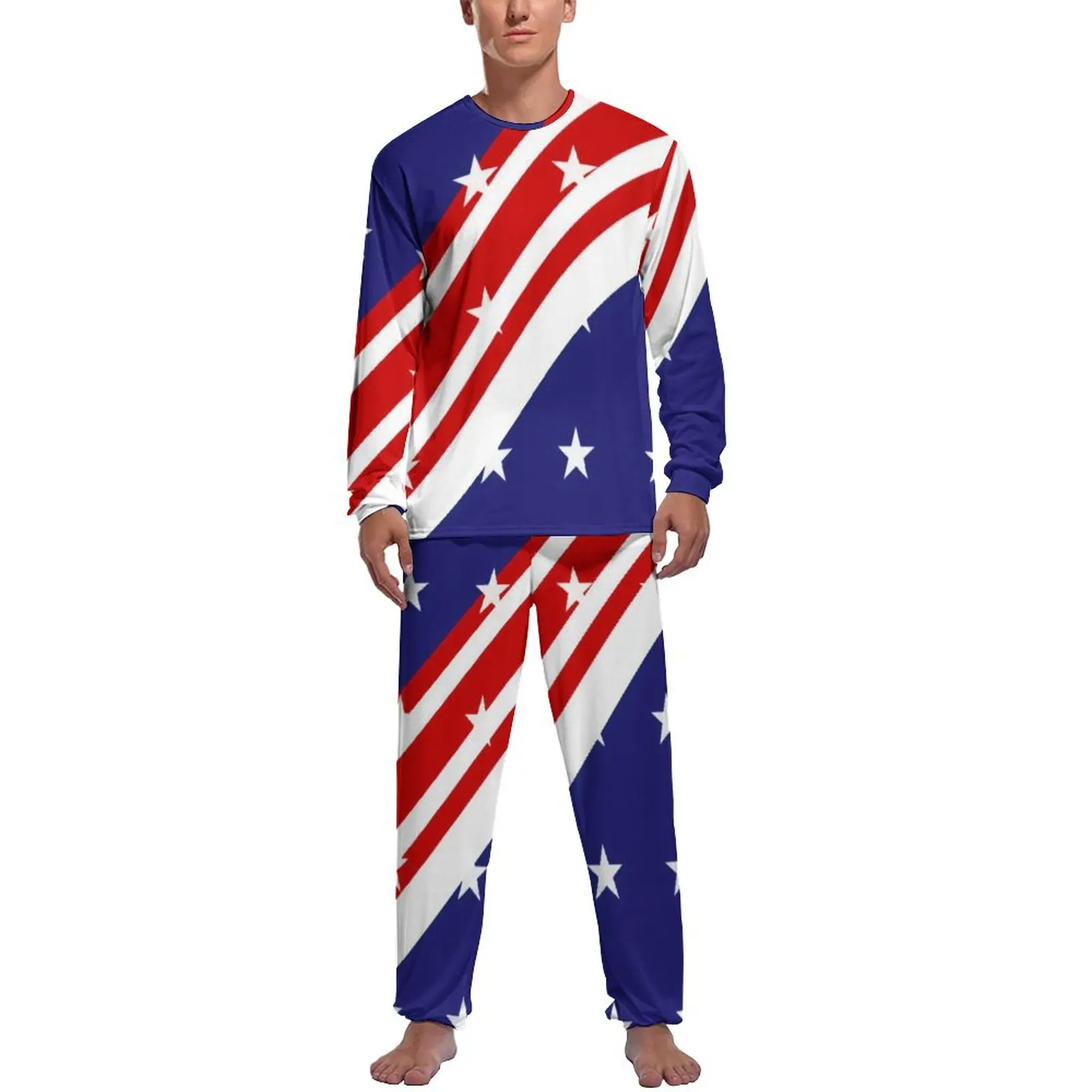

American Flag Red Blue Pajamas Stars N Stripes July 4th Man Long Sleeve Lovely Pajama Sets Two Piece Room Graphic Nightwear Gift