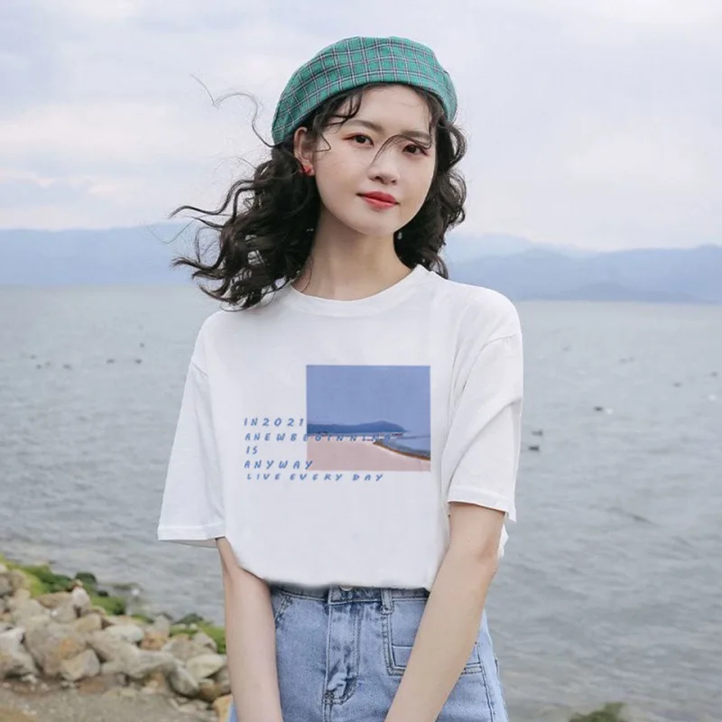 

CnHnOH Cotton Short-sleeved White T-shirt Women's 2022 New Spring and Summer Chic Loose Design Sense Tops T-shirt Ins