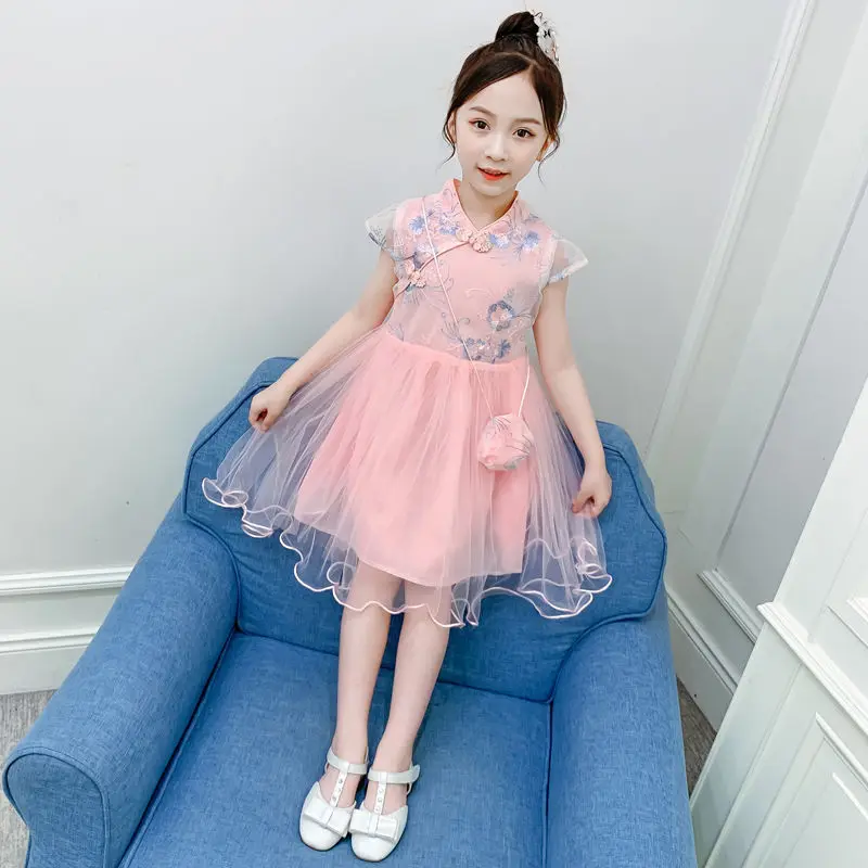 

Summer Girls Dress Cool Breathable Vintage Chinese Stand Collar Kids Clothes Embroidered Dress Premium Comfort Evening Dress 7Y