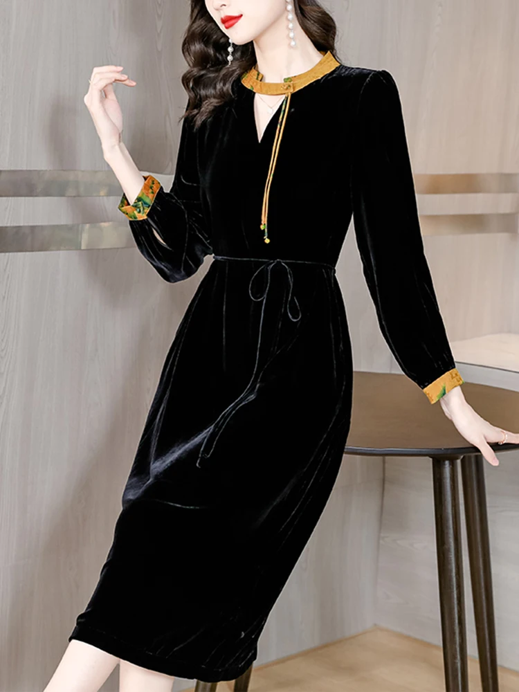 Купи Autumn Winter Black Women Mulberry Silk Velvet Dress Printing Midi Korean Chic Long Sleeve Elegant O-Neck Party Evening Dresses за 1,862 рублей в магазине AliExpress