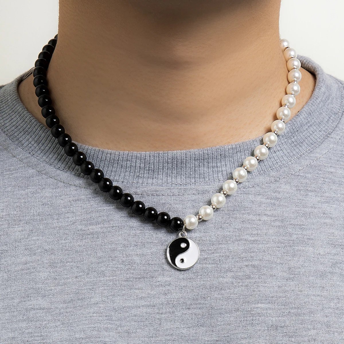 

KunJoe Simple Yin Yang Tai Chi Pendant Necklace For Men Women Punk Black White Imitation Pearl Beads Choker Necklace Jewelry