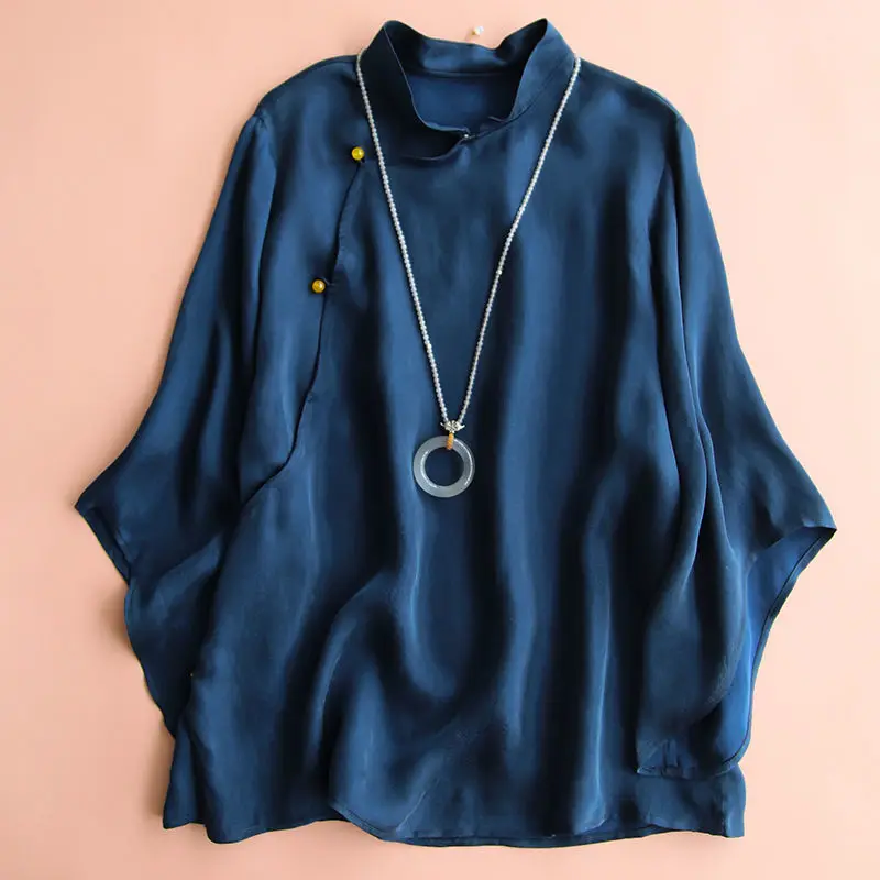 

Women Chinese Style Cheongsam Top Lady Elegant Hanfu Zen Tea Shrit Clothes Navy Retro Blouse Qipao Vintage Tops T-shirt Clothing