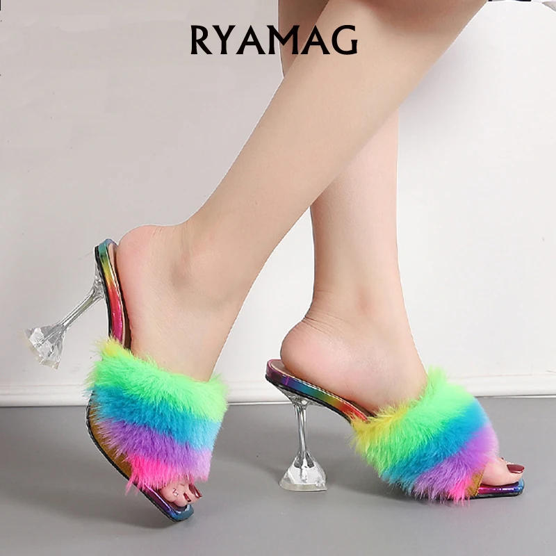 Женские сандалии RYAMAG из ПВХ Квадратные Туфли-лодочки каблук с кристаллами модная