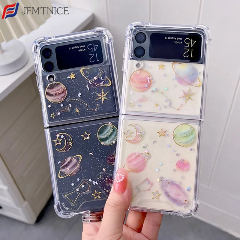 

Прозрачный блестящий чехол для телефона с блестками планеты и звезд для Samsung Galaxy Z Flip 3 Прозрачный блестящий чехол Z Flip3 5G ZFlip3 Z3