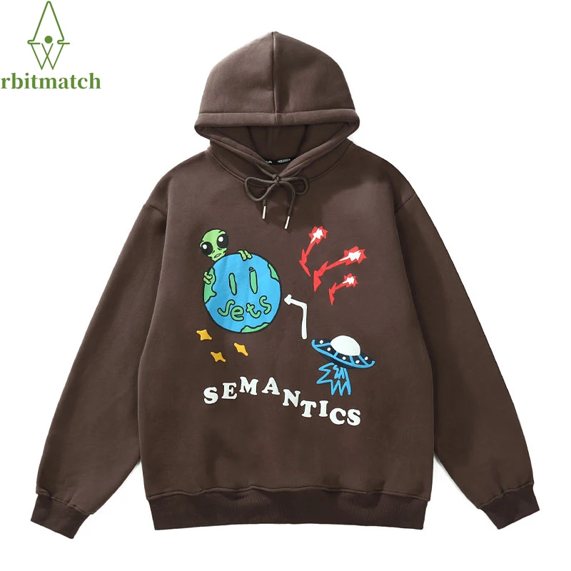 

2022 Spring Hoodie Hip Hop Sweatshirt Streetwear Alien UFO Print Hooded Men Harajuku Winter Cotton Fleece Pullover Brown Black