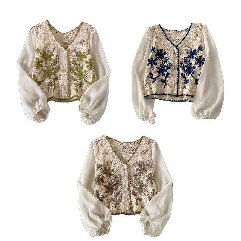 

Womens Flower Crochet Knit Loose Puff Long Sleeve Cropped Cardigan V-Neck Button Down French Style Jacket Coat Blouse