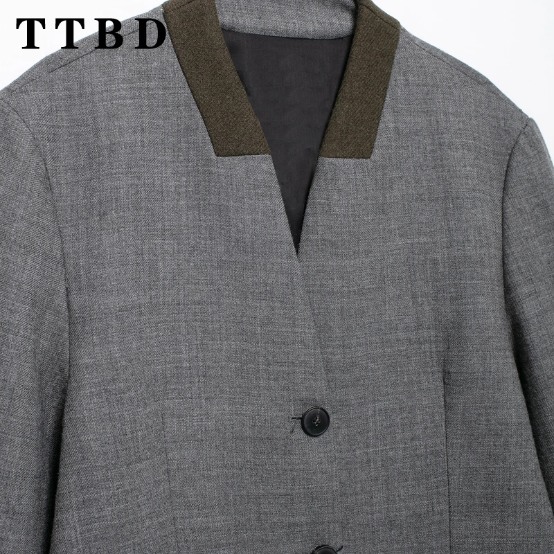 TTBD женский 2024 новый осенний винтажный однобортный пиджак с v-образным воротником