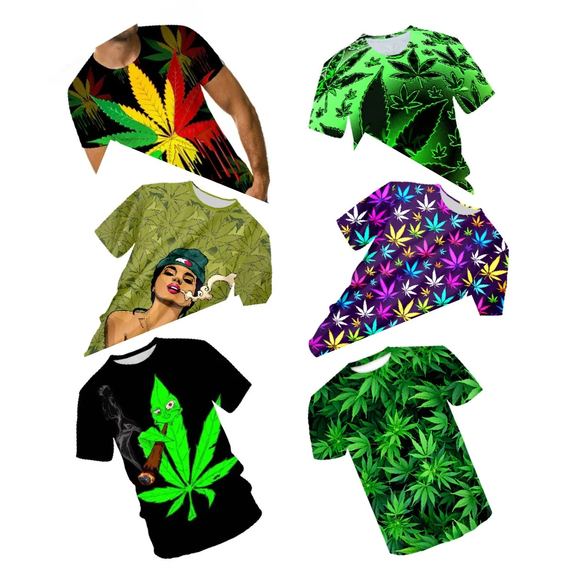 

2022 summer new hot men's 3D printing green hemp leaf silk tobacco T-shirt short-sleeved O-neck street casual short-sleeved top
