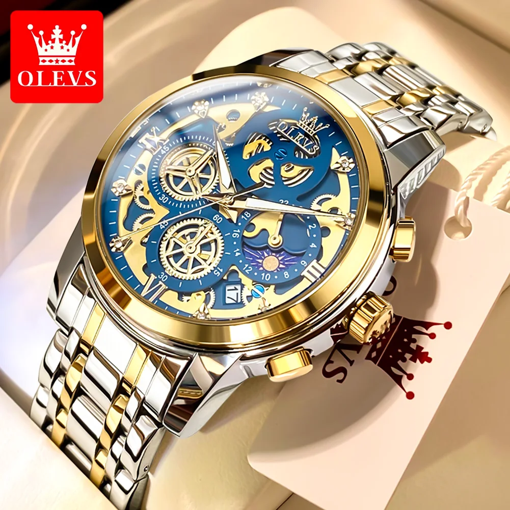 

OLEVS New Men's Watches Top Brand Luxury Waterproof Quartz Watch for Man Gold Skeleton Style 24 Hour Moon Phase Wristwatches