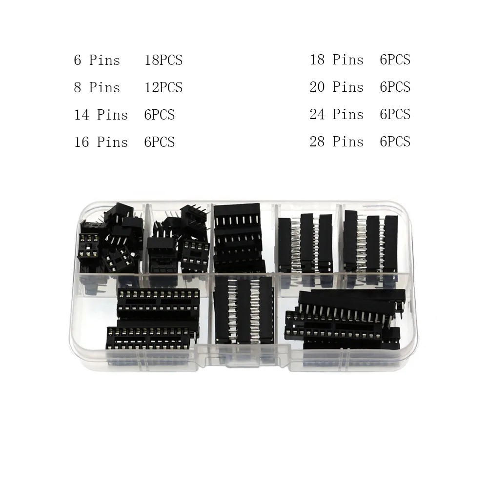 

66PCS DIP IC Socket Adaptor 8 Kinds Solder Type Socket Kit 6Pin 8Pin 14Pin 16Pin 18Pin 20Pin 24Pin 28Pin for Arduino PCB Diy Kit