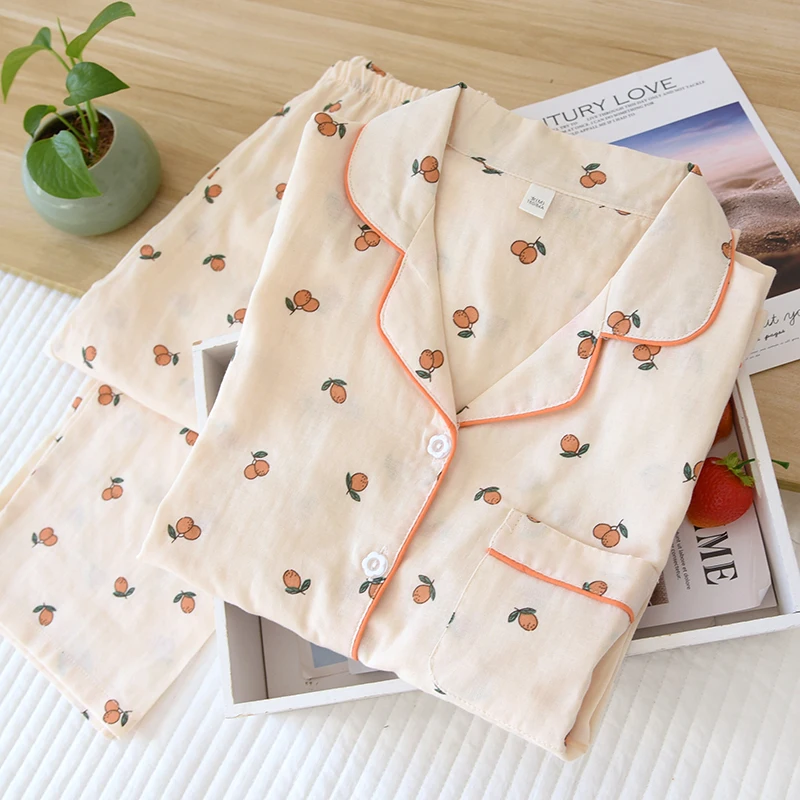 

New Spring/Summer 2 Piece Pajamas For Women Double Gauze Female Home Suits Pure Cotton Thin Comfortable Long Sleeve Homewear Set