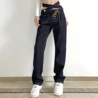new womens street fashion cross button lace up hollow waist wide loose long wide leg casual jeans 2022 autumn and winter