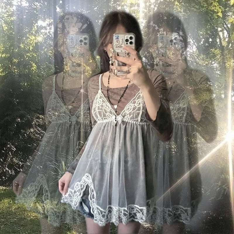 

Кружевное мини-платье Gaono Fairycore Kawaii милое Прозрачное платье с бантом и V-образным вырезом на бретельках женское винтажное праздничное корейс...