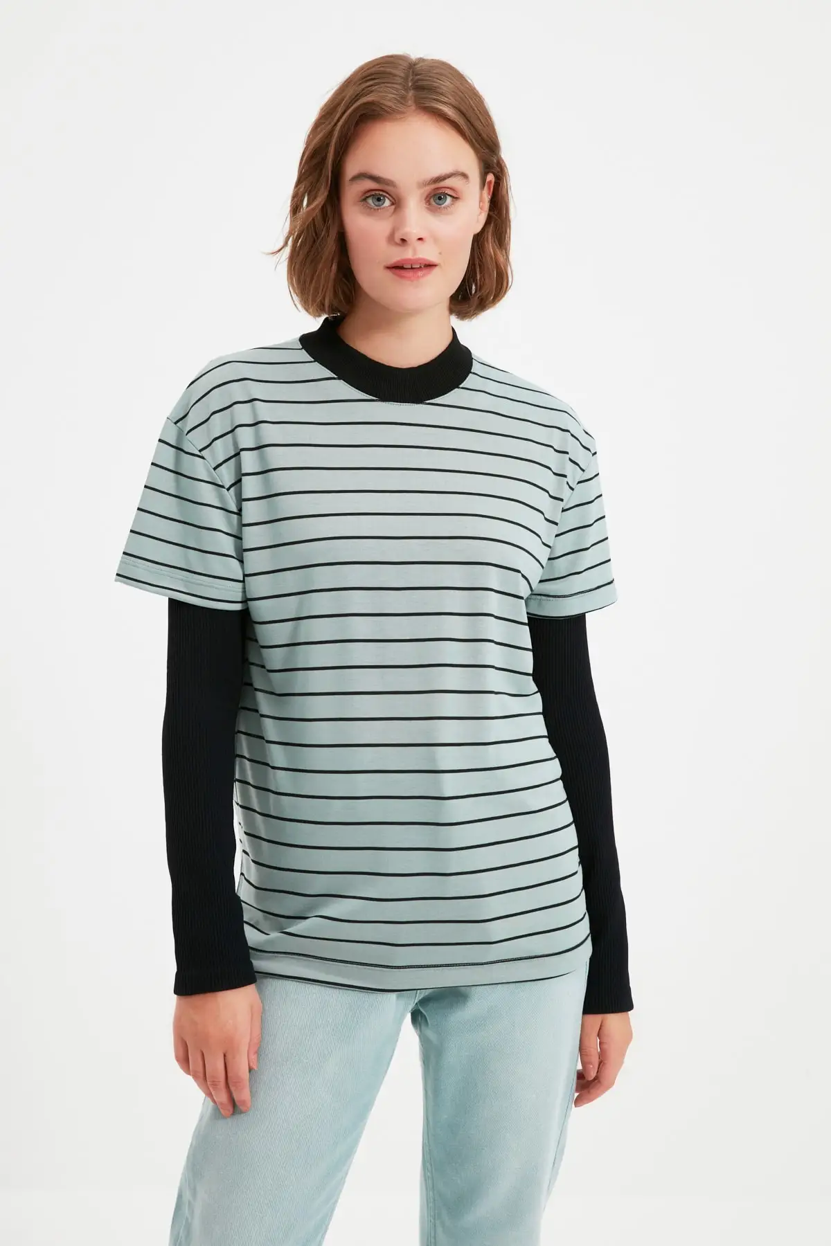 

Green Stripe Basic High Collar Short Sleeve Knitted T-Shirt