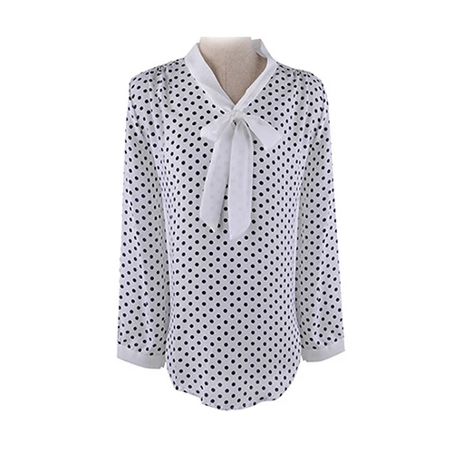 Женская шифоновая блузка в горошек рубашка с бантом и длинным рукавом весна-лето