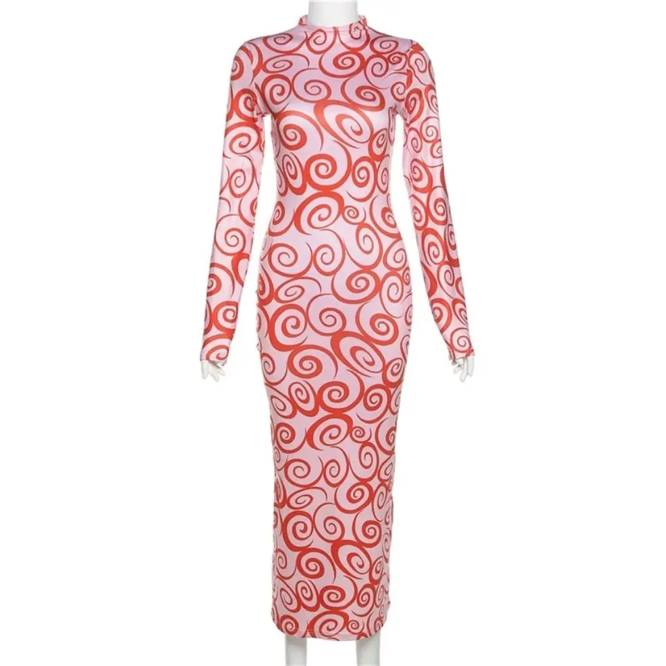 

Red print elastic slim long sleeve dress