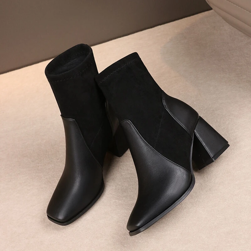 Botas De Mujer 2023 Ankle Womens Boots Plush Warm Winter Elastic Short Socks Boots Square Toe Heels Gothic Shoes
