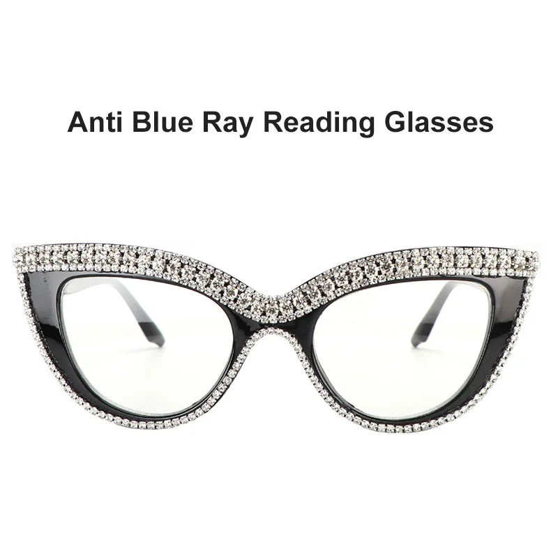 Fashion Anti Blue Ray Reading Glasses Cat Eye Rhinestone Trim Presbyopic Farsightedness Glasses Diopter From  +100  To +400
