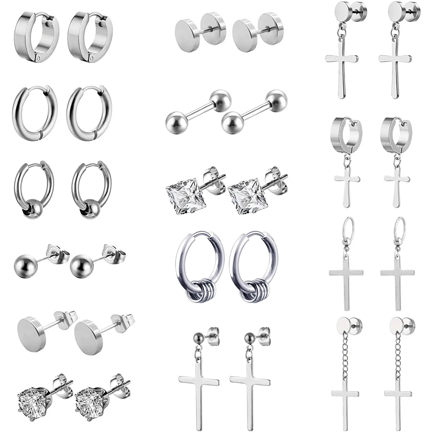 

1pair Punk Silver Multiple Styles Stainless/Titanium Steel Stud Earrings For Men and Women Gothic Street Pop Hip Hop Ear Jewelry