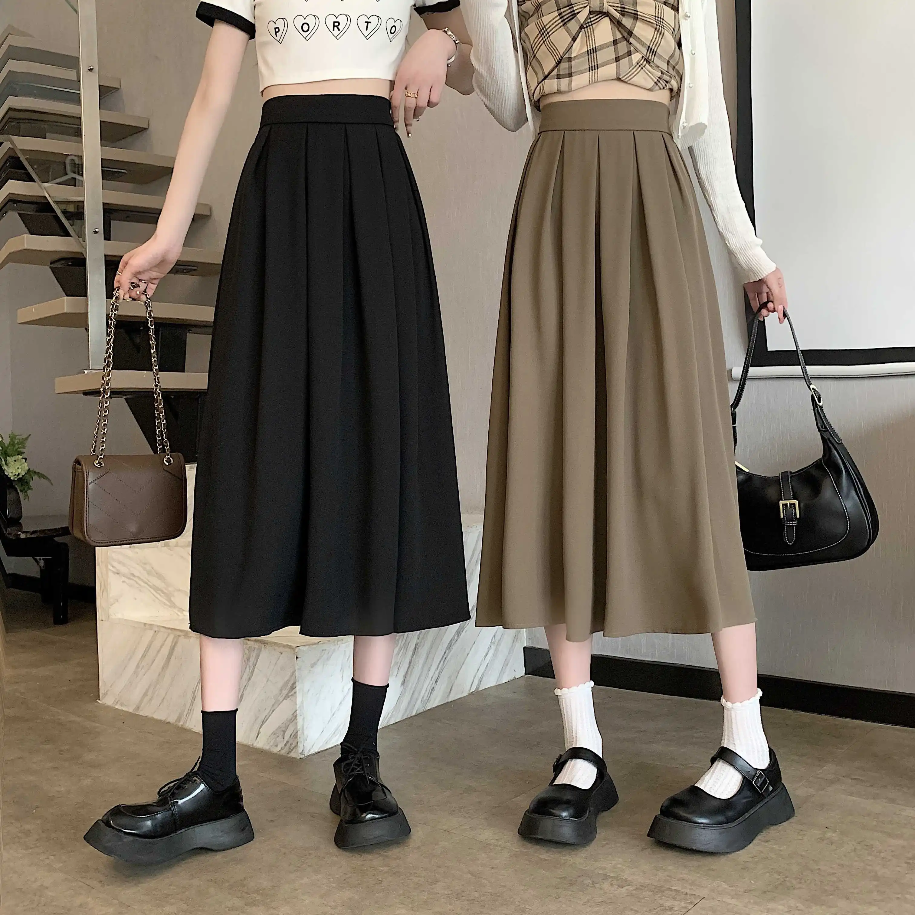 

COIGARSAM Women Skirt New High Waist Khaki Apricot Green Black Pink Ga Color Skirts Dropshipping