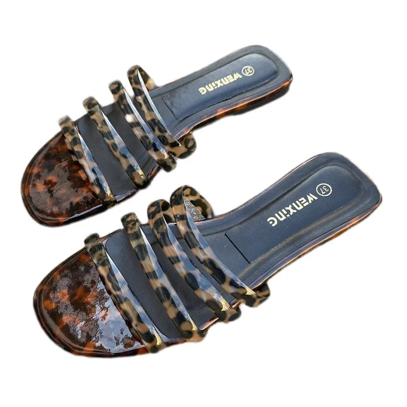 

Fashion Leopard Print Transparent PVC Brand Women's Flat Slippers Outdoor Ladies Designer Slides Flip Flops Beach Summer Shoes
