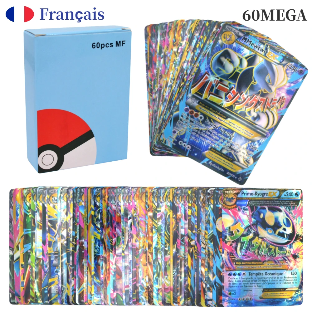 

New 60Pcs French Pokemon MEGA Card No Repeat EX Mega Français Shining Cards Game Battle Carte Trading Children Toy