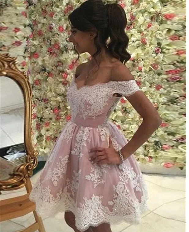 

Short Pink Lace Prom Homecoming Dresses 2022 Off Shoulder Draped Graduation Gown Evening Formal Elegant Cocktail Party Dress