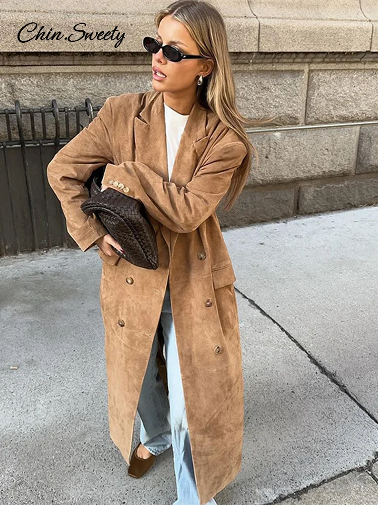 Женский Длинный замшевый тренчкот элегантный двубортный большого размера с