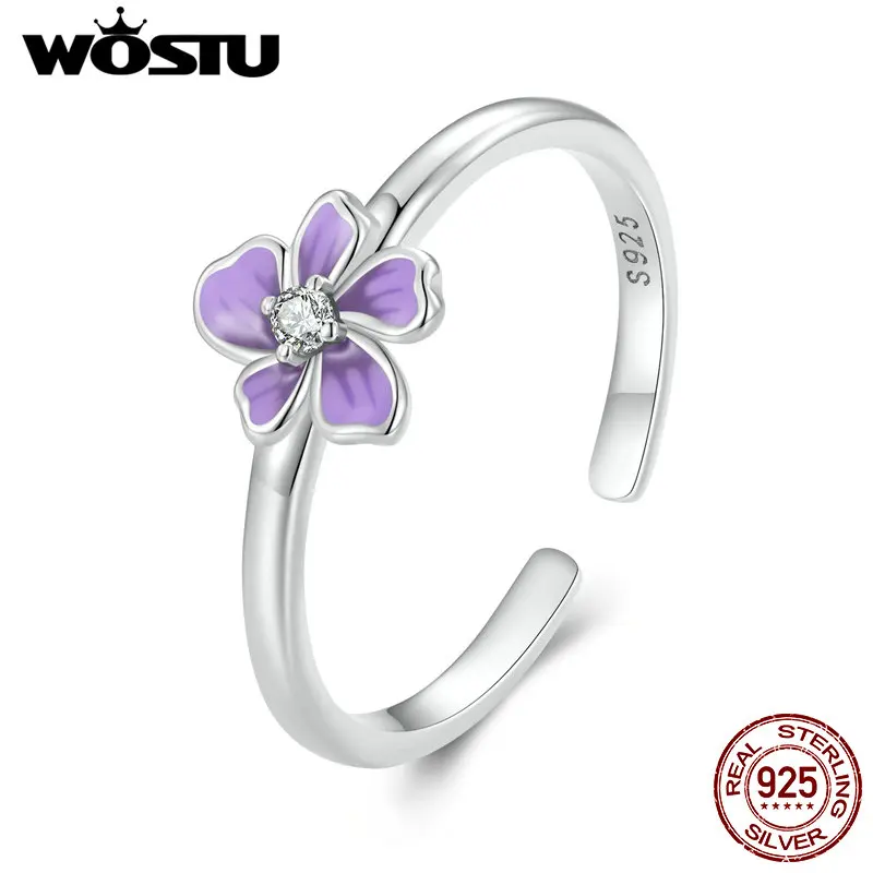

WOSTU Real 925 Sterling Lucky Silver Purple Flower Open Ring Zircon Rings For Women Fashion Fine Jewelry Anniversary Party Gift