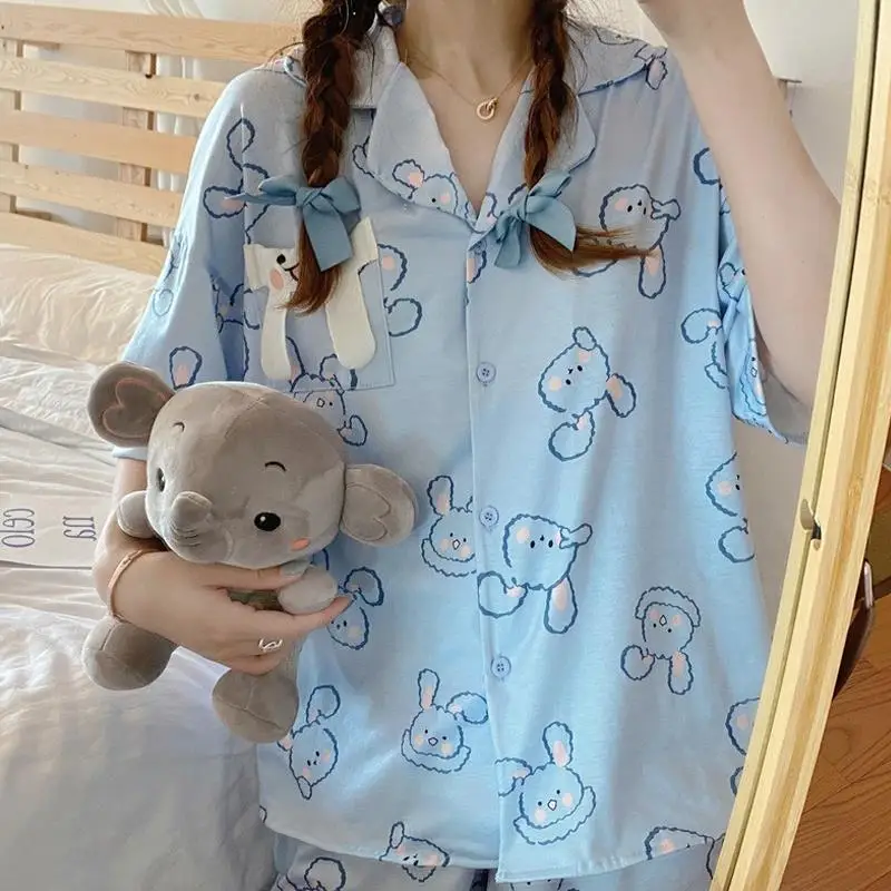 

Kawaii Pajamas for Girls Summer Suit Bunny Print Pijama Blue Pyjamas Set Woman 2 Pieces Short Sleeve Sleepwear Loungewear