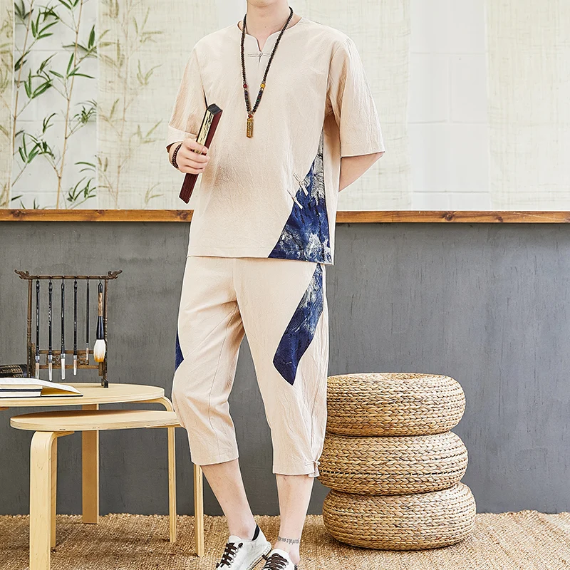 Мужской комплект из футболки с коротким рукавом и брюк хлопка льна - купить по