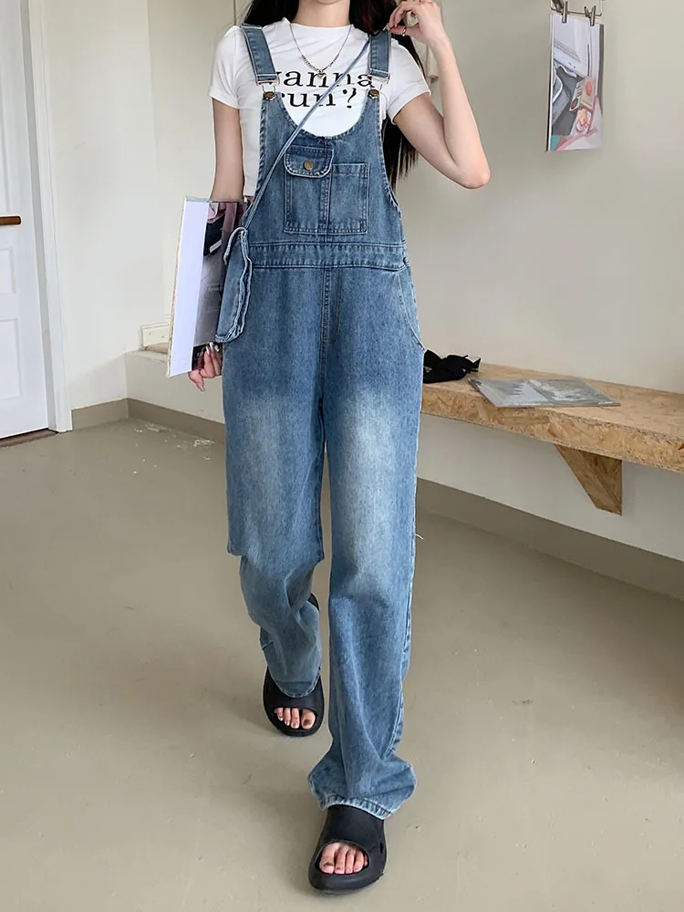 

Женский джинсовый комбинезон, повседневные длинные брюки с широкими штанинами в Корейском стиле, 2023