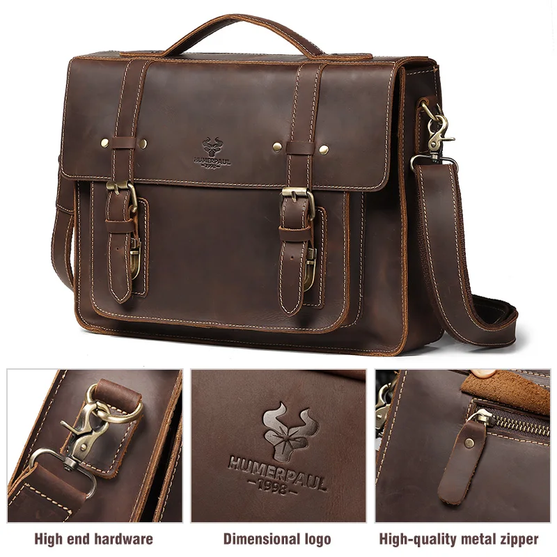 Crazy Horse Leather Briefcase for Men Business Computer Bag Laptop Bags Top Quality Travel Messenger Shoulder Bags Totes