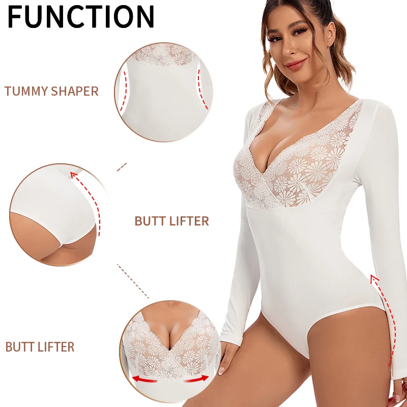 Bodysuits Long Sleeve Seamless Thermal Shaper JOYSHAPER Sexy Lace Patchwork Women Autumn Winter Deep V Neck Shapewear Undershirt